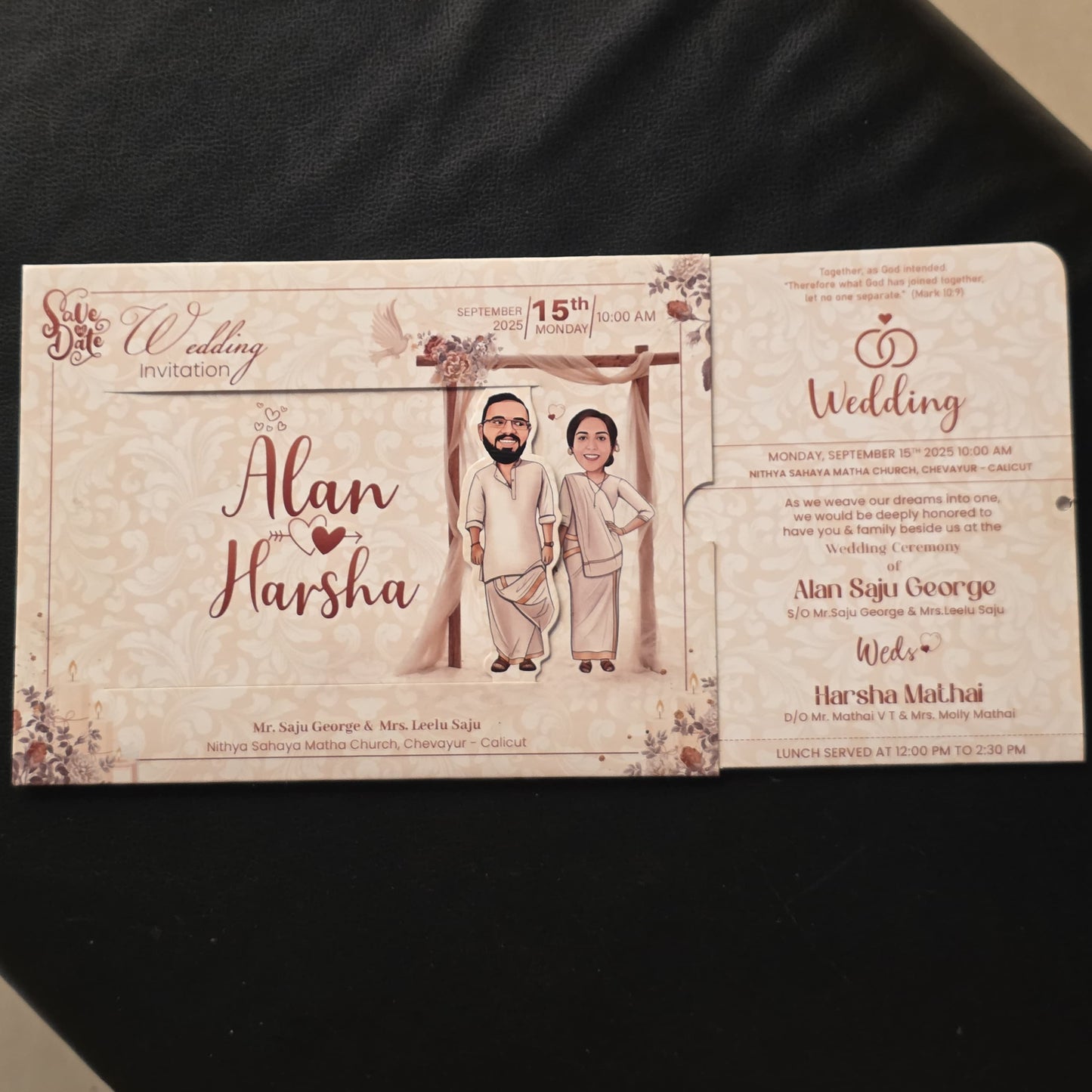 A custom printed wedding invitation card set displayed on a black fabric surface. The invitation features a vintage-style beige background with elegant script text, floral corner details, and an illustration of a couple under a wooden archway.