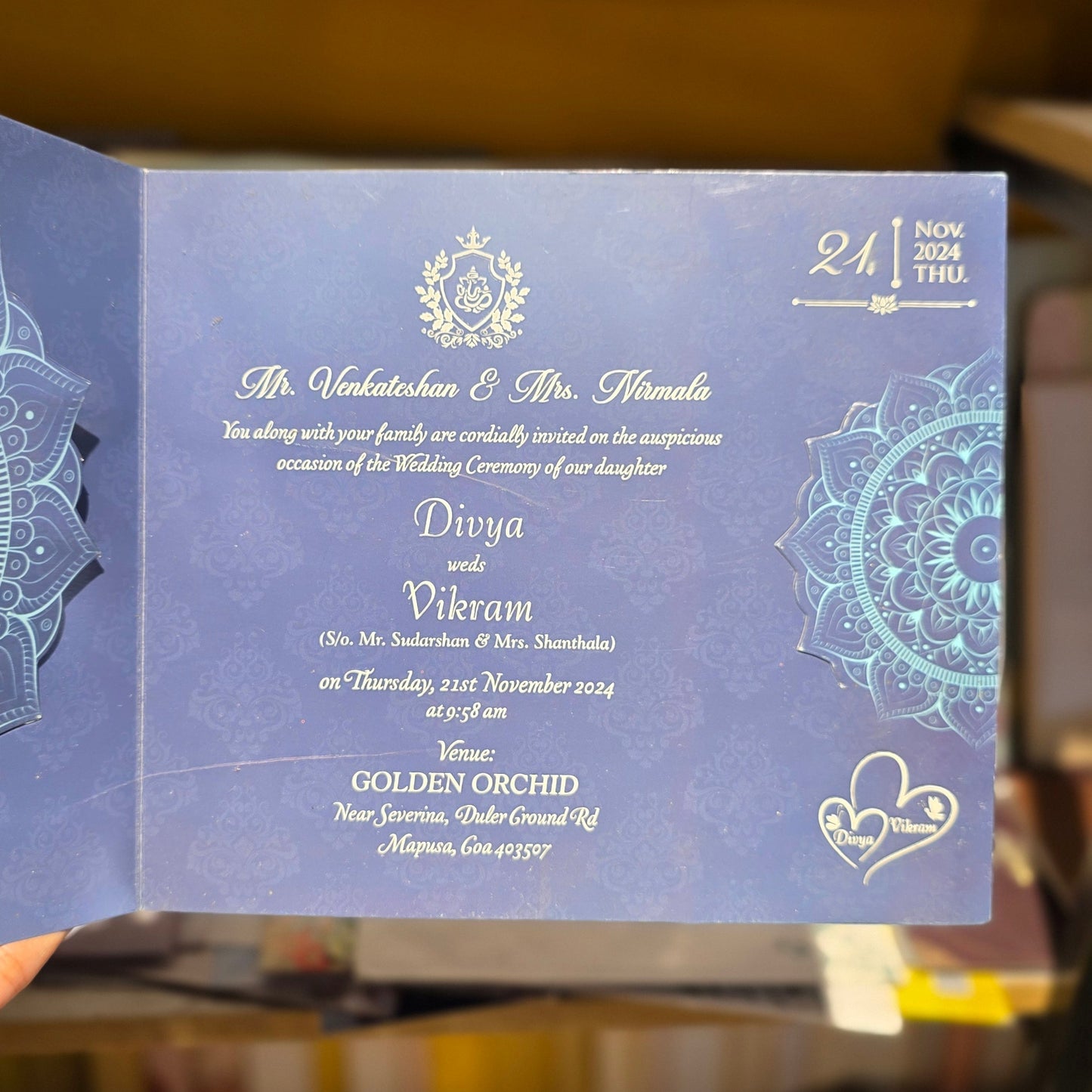 Royal Blue Laser Cut Wedding Invitation Card with Sliding Insert