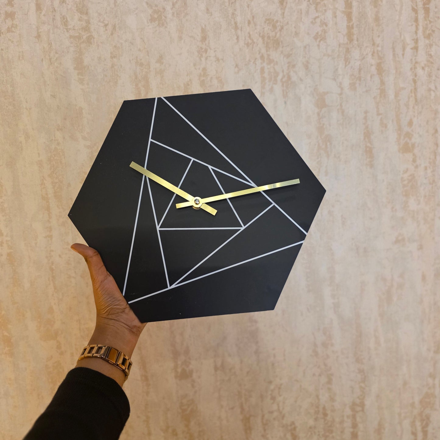 Hexagon Geometric Wall Clock | Black & Gold Design