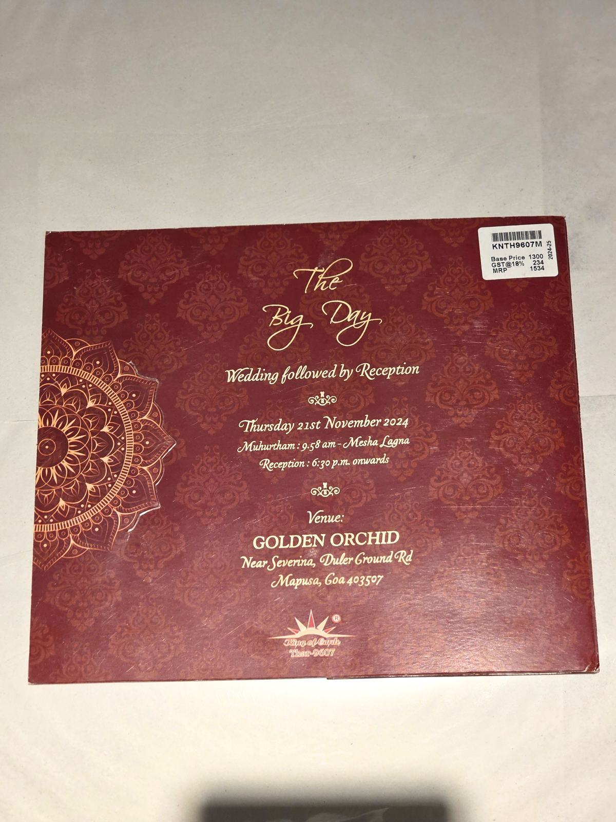 Traditional  Mandala Hindu Wedding Invitation Card with Gold Print