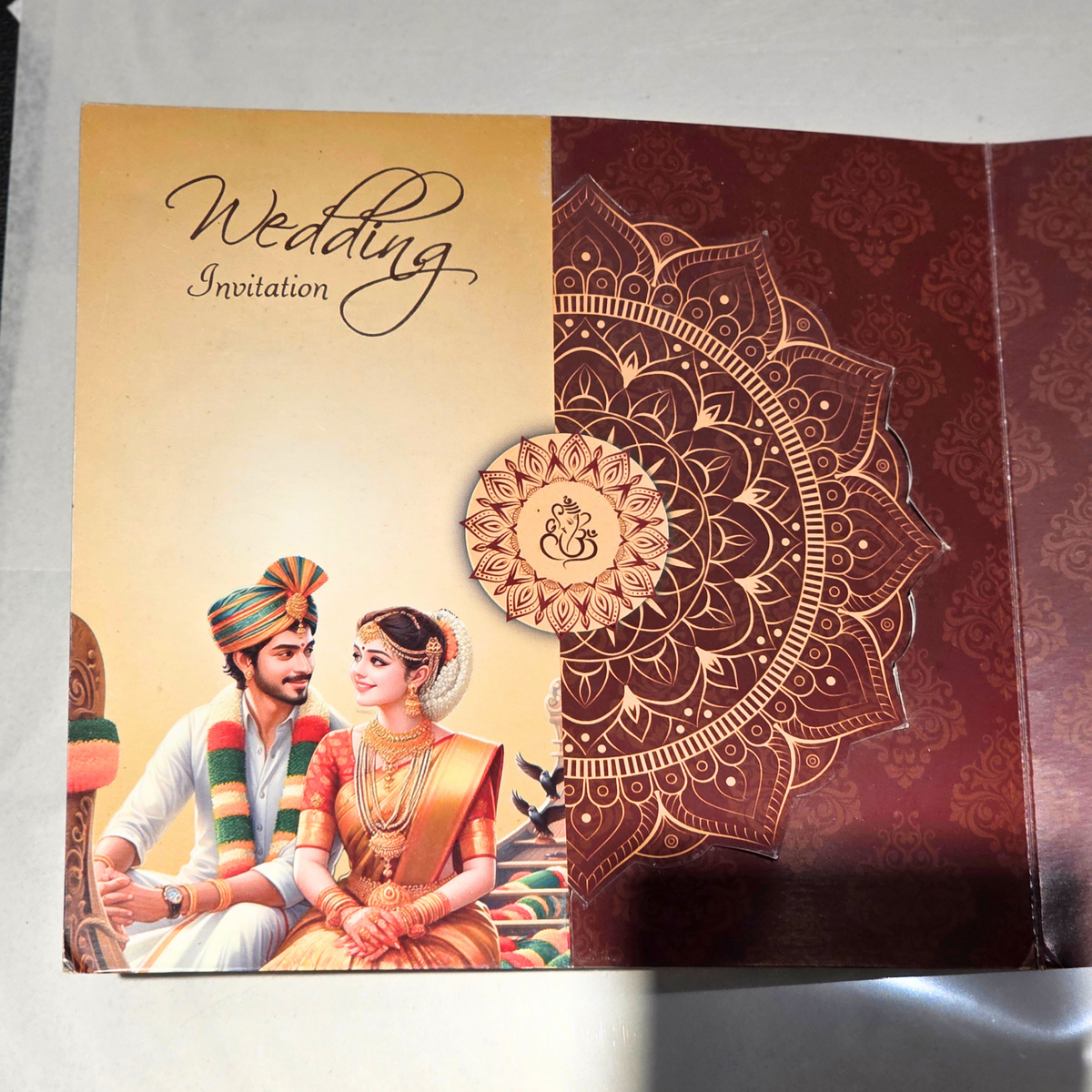 Traditional  Mandala Hindu Wedding Invitation Card with Gold Print