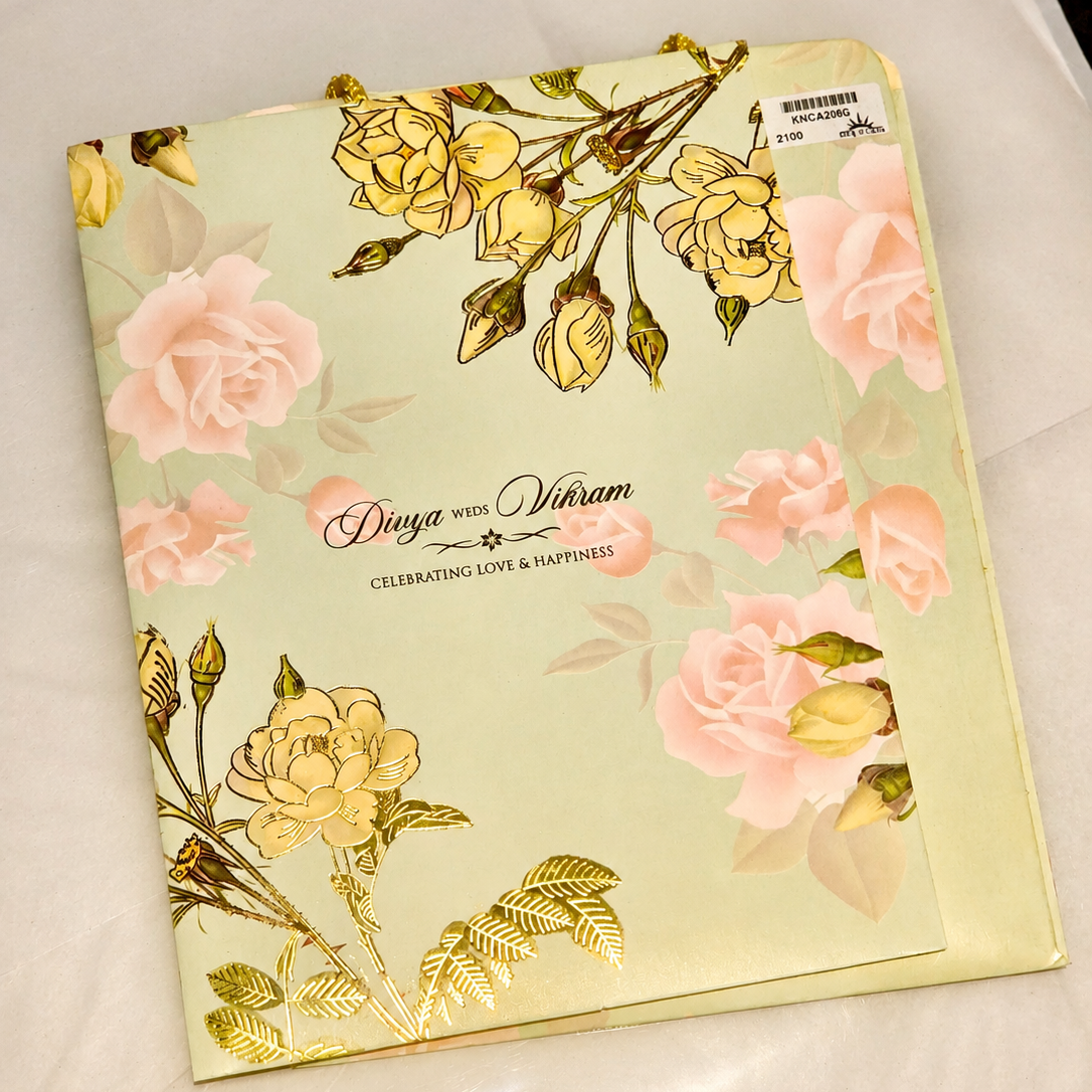 Pastel Floral Foil Wedding Invitation Card with Premium Gift Bag