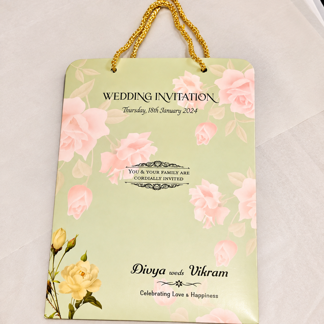 A square wedding invitation card with a pale green background, pink rose illustrations, and gold rope handles, photographed on a white fabric surface.