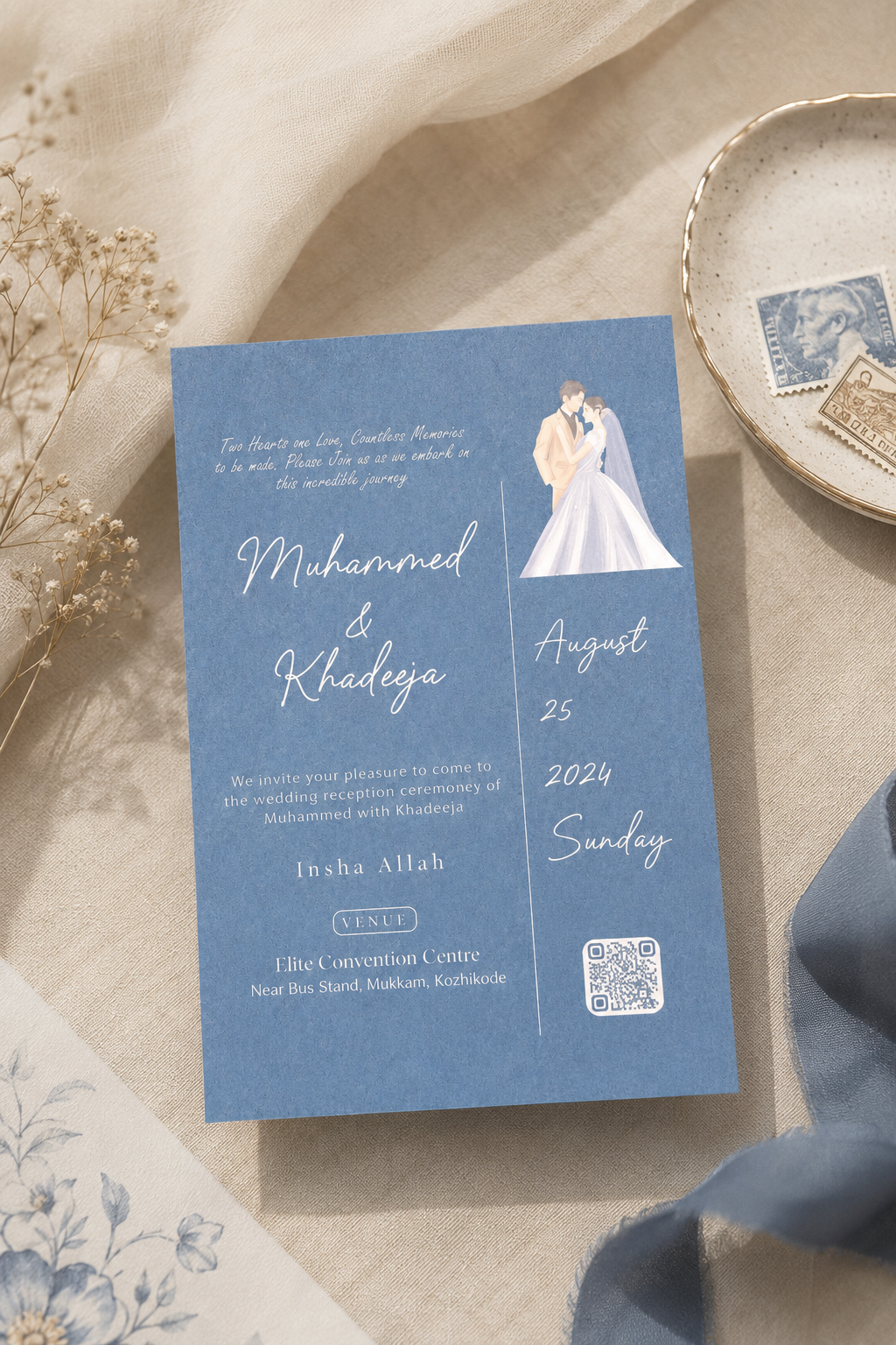Elegant Blue wedding invitation with timeless minimalist design