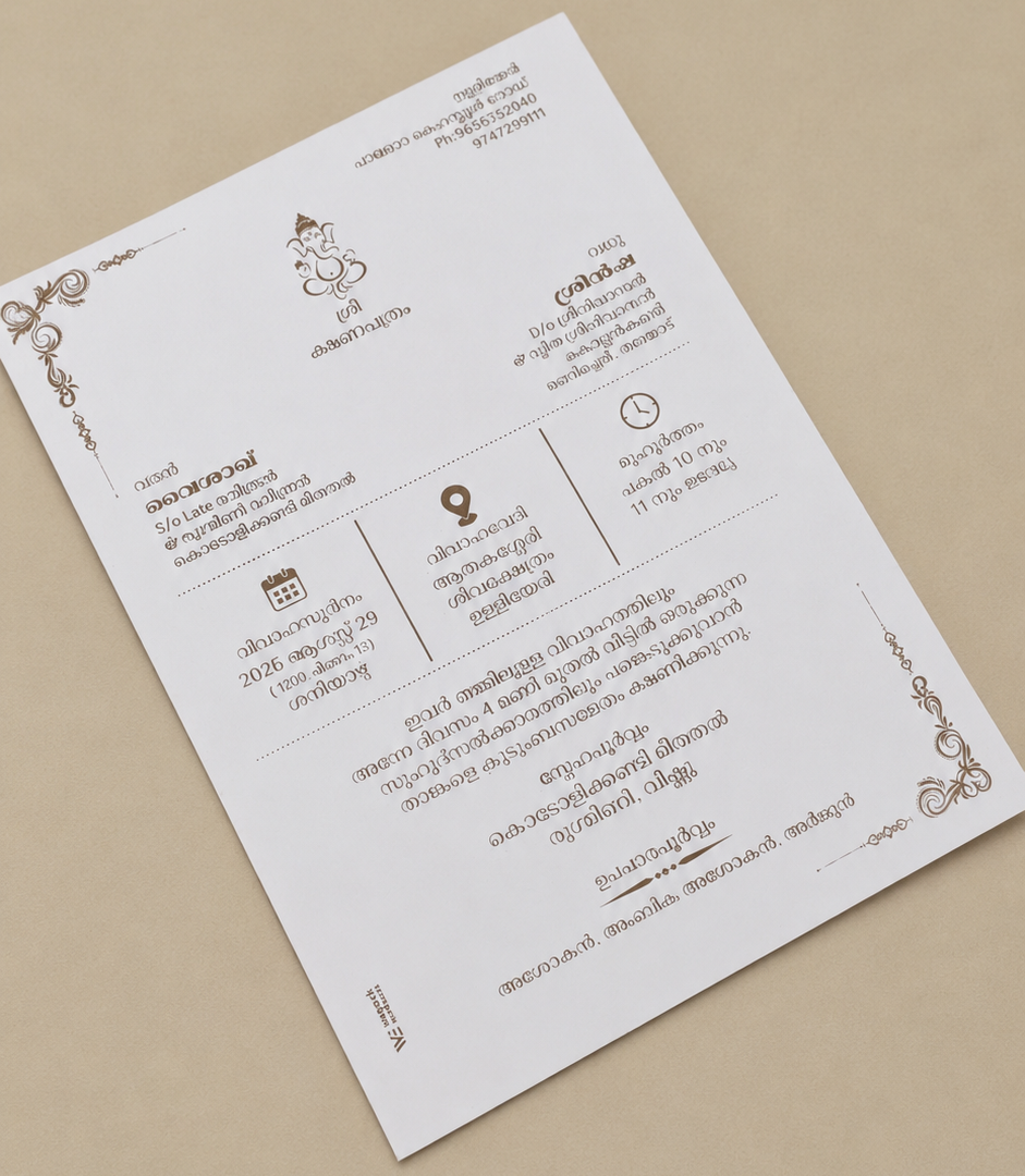 A white invitation card with elegant brown decorative illustrations and Thai text, displayed diagonally on a textured beige background.