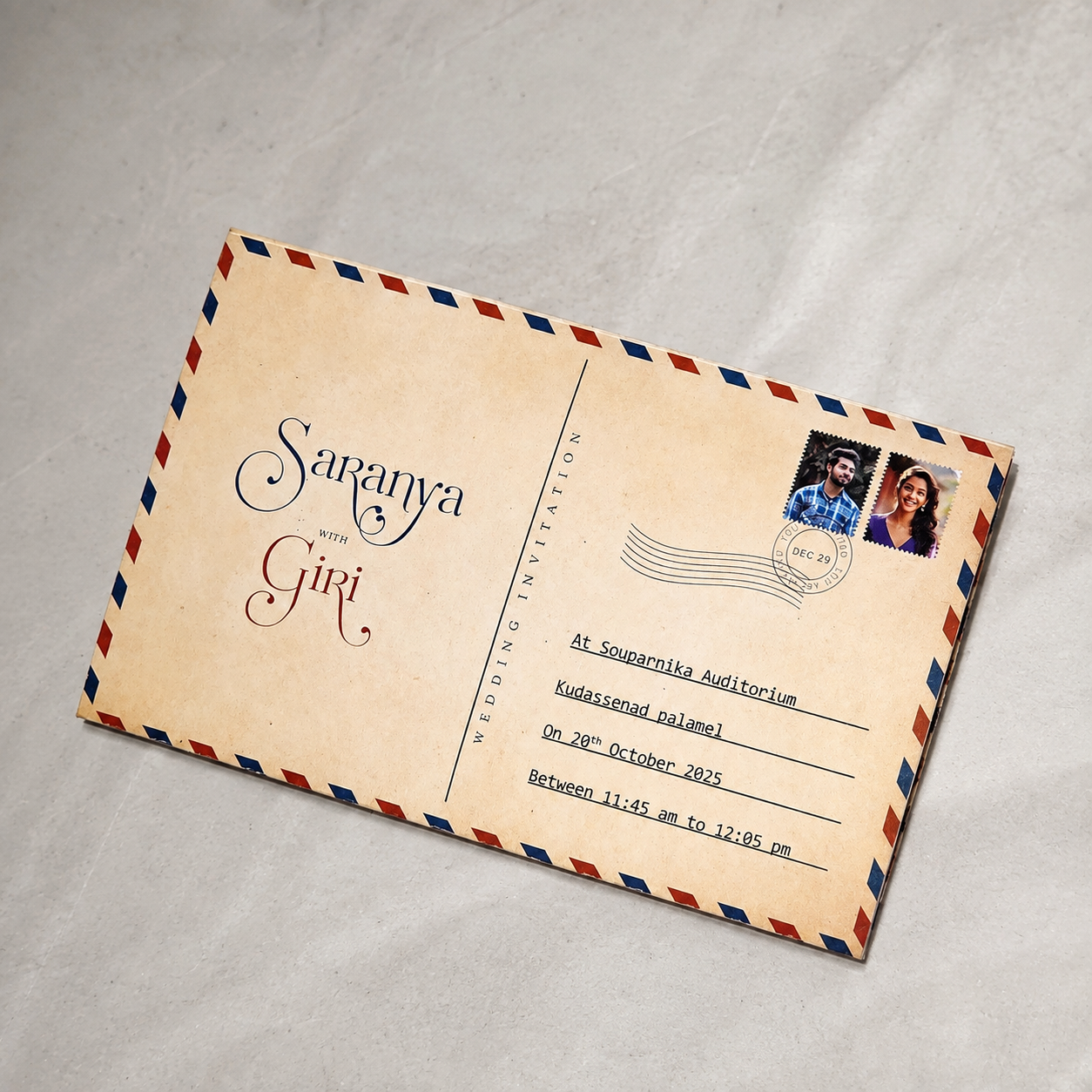 Vintage  Style Wedding Invitation with Airmail Design