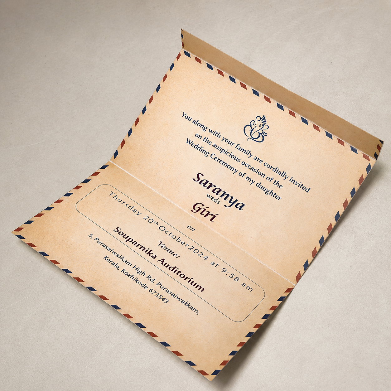 Vintage  Style Wedding Invitation with Airmail Design