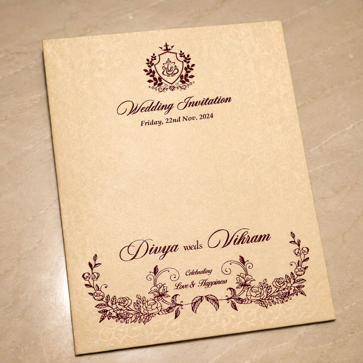 Elegant Floral Cream Wedding Invitation Card with Classic Monogram