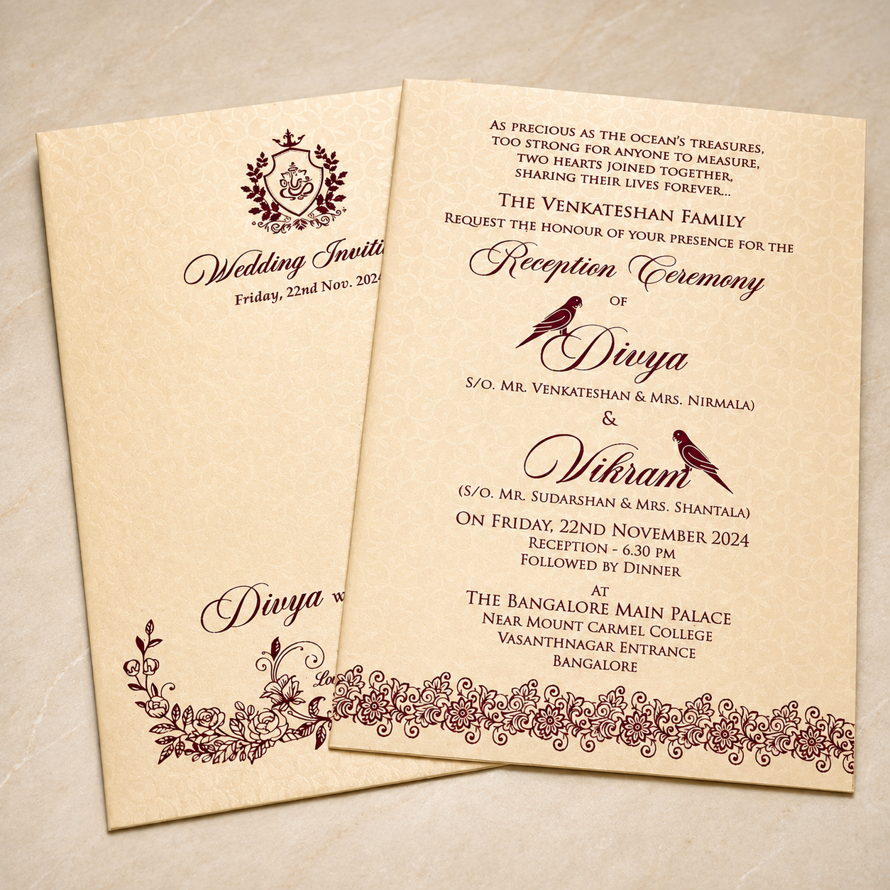 Elegant Floral Cream Wedding Invitation Card with Classic Monogram