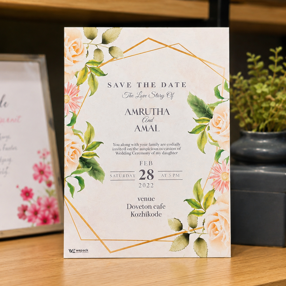 A vertical 'Save the Date' wedding invitation card displayed on a wooden shelf. The card has a cream background with watercolor peach flowers, green leaves, and thin gold geometric lines.