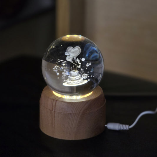 Crystal Wedding Cake & Heart Engraved LED Lamp with Wooden Base