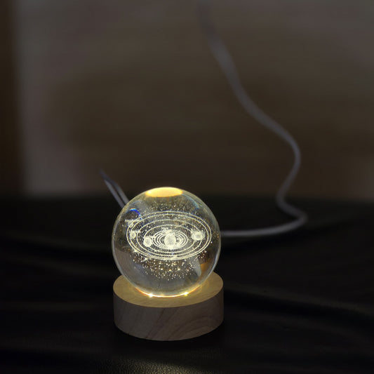 Solar System Engraved Crystal Ball LED Lamp with Wooden Base
