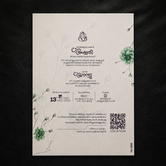 Minimal floral wedding invitation card with elegant green floral design, custom Malayalam wedding details, QR code, and premium single-card invitation by We Pack Gifts & Cards.