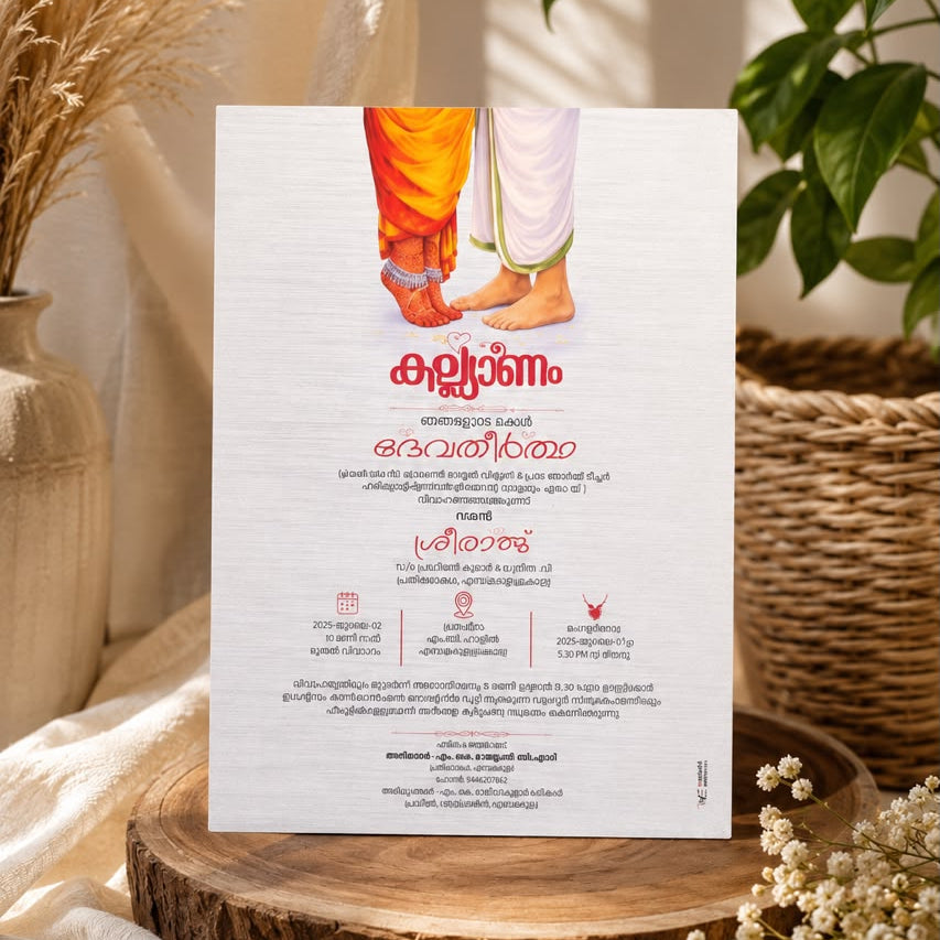 A vertical invitation card with malayalamt ext and an illustration of feet in orange and white dhotis, styled on a wooden slice with dried flowers and a potted plant in a warm indoor setting.